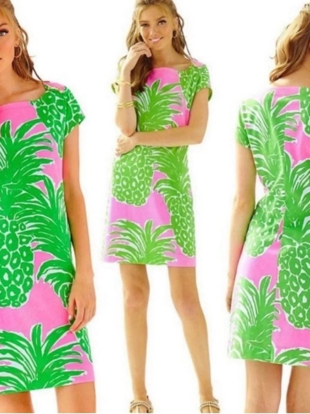 SOLD 🛑 Lilly Pulitzer Loren Pink & Green Pineapple Flamenco Boat Neck Shirtdress - Picture 1 of 7